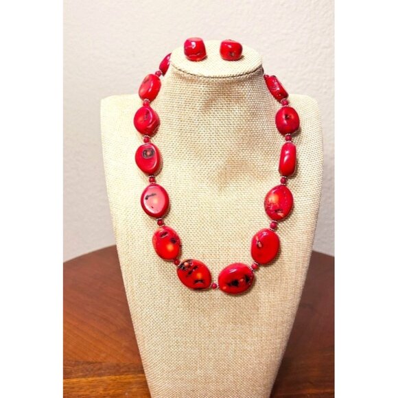 Vintage Chunky Red Coral Oval Beaded Necklace/Earring Set - Picture 1 of 7